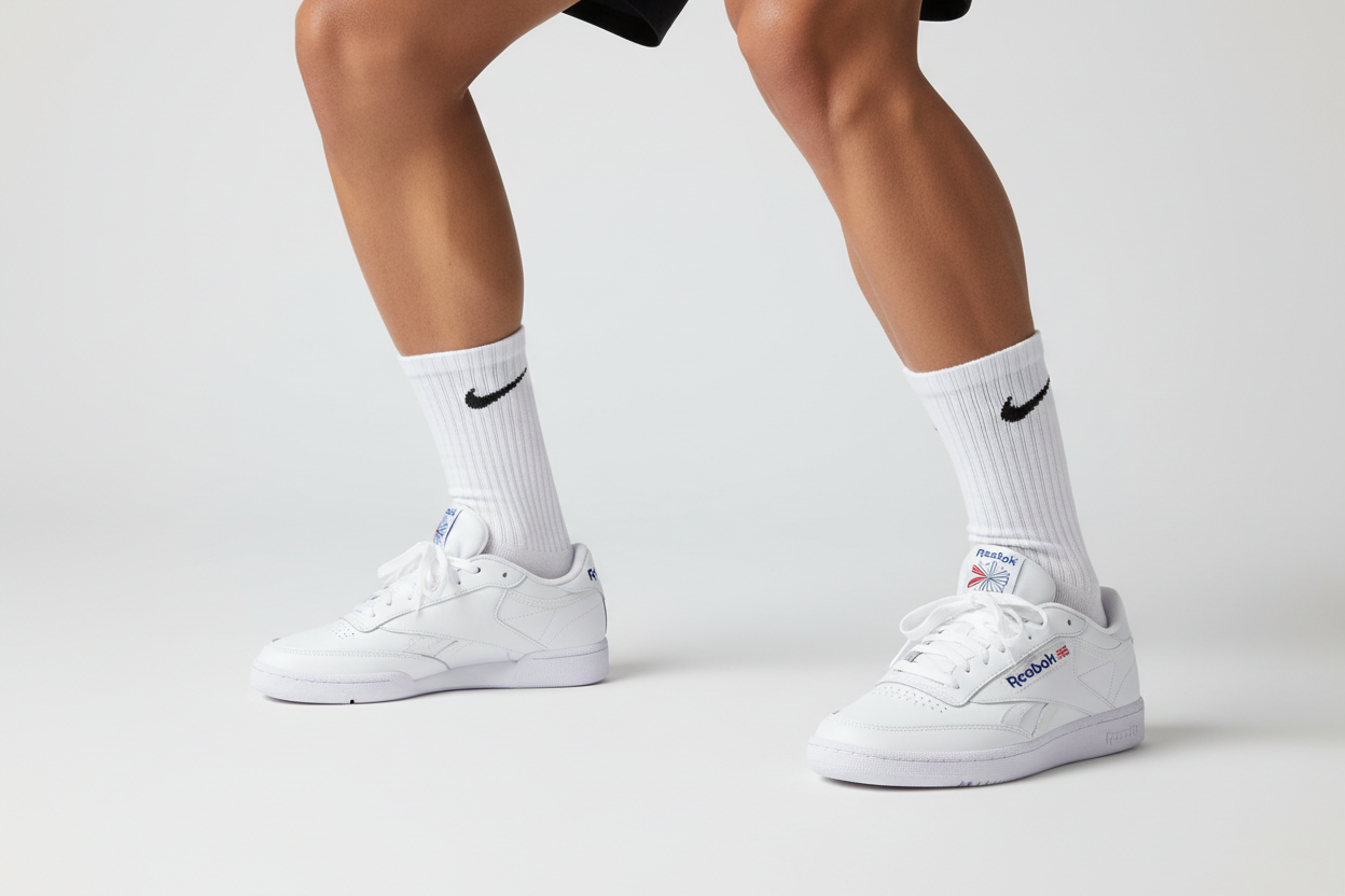 persona deportista luciendo unas medias blancas cortas (media pantorrilla) Nike, pero con zapatos blancos clásicos Reebok